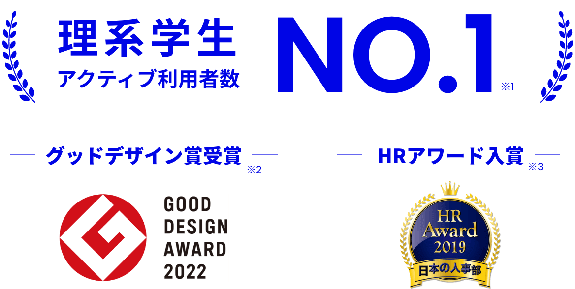 理系学生アクティブ利用率No.1(※1) グッドデザイン賞受賞(※2) HRアワード入賞(※3)